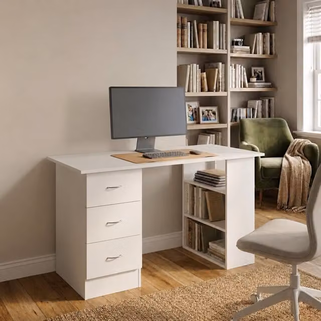 Home Treats Modern Wooden Computer Desk with Dual Pedestals in White and Black