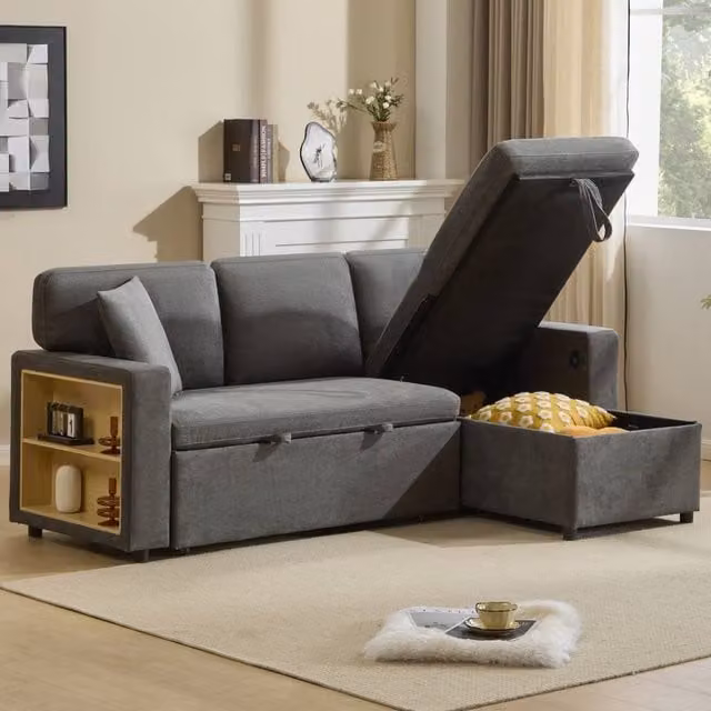 ModernLuxe 3 Seater Reversible L-Shape Corner Sofa Bed with Pull Out Bed, USB Charging and Open Storage in Dark Grey