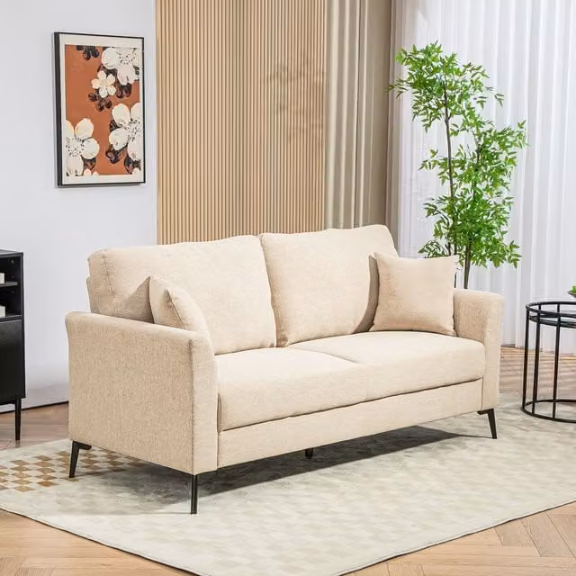 HOMCOM Modern Upholstered 3 Seater Sofa with Cushions and Pillows, Beige