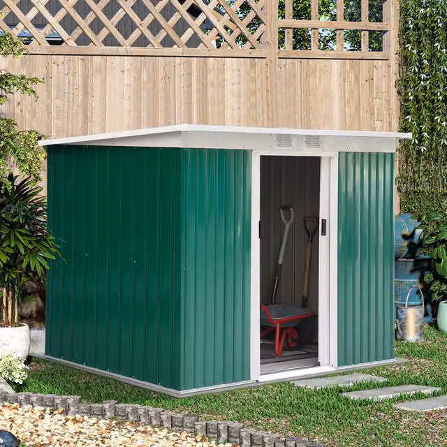 Outsunny Corrugated Metal Garden Storage Shed with Double Doors and Window, Green, W/D/H: 274.3 x 121.9 x 200.7 cm