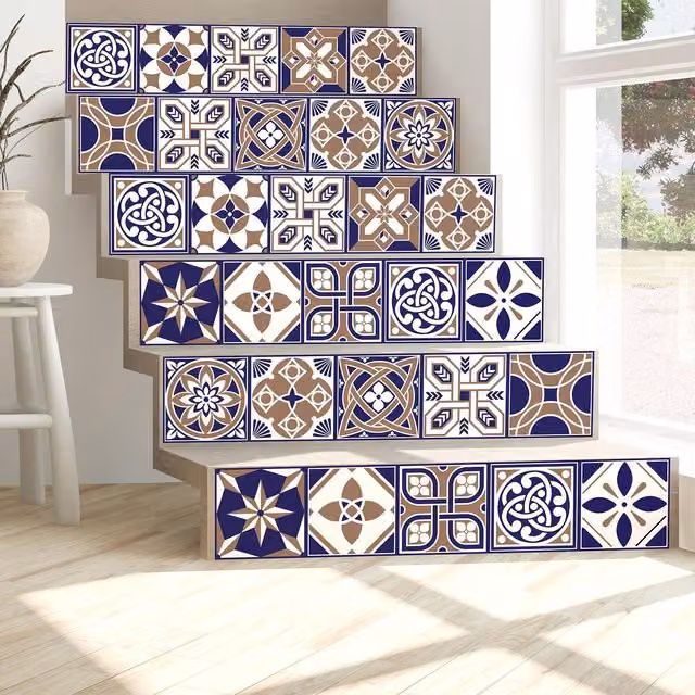 Walplus Adhesive Mediterranean Geometric Square Wall Tile Stickers in Blue, Brown and White, W/H: 15 x 15 cm, 24 Pack