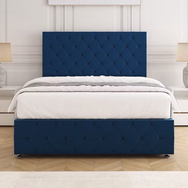 BSSPOKE Mulberry Blue Velvet Upholstered Divan Bed with 24 inch Plush Headboard and Footboard and Mattress, Double, W/D/H: 140 x 200 cm
