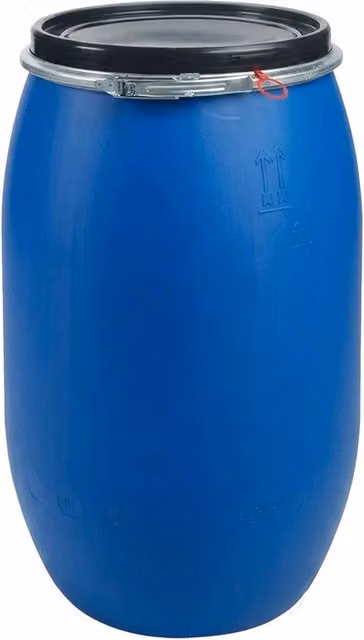 Storm Trading Group 220L Blue Plastic Open Top Storage Barrel with Lid and Clamp Ring
