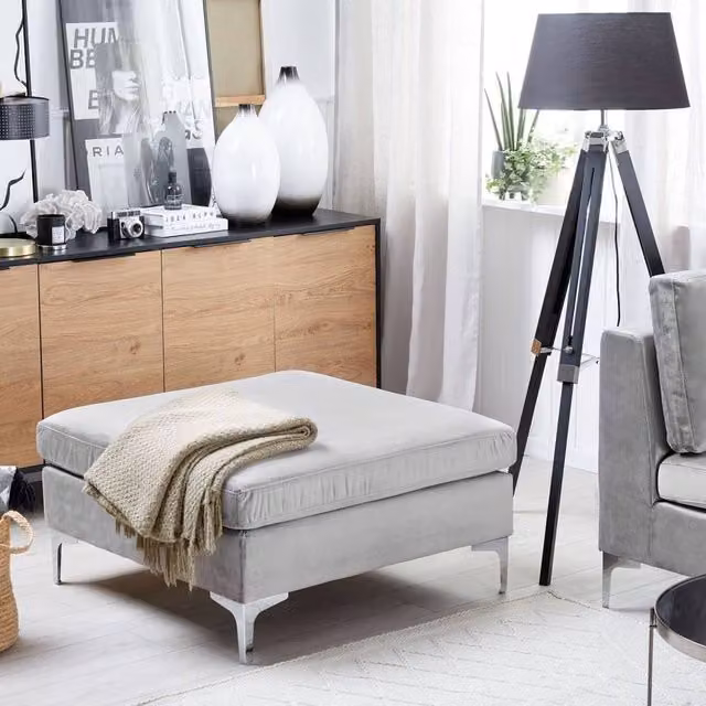 Wyld and Coco Glamour Velvet Ottoman in Grey with Silver Metal Legs