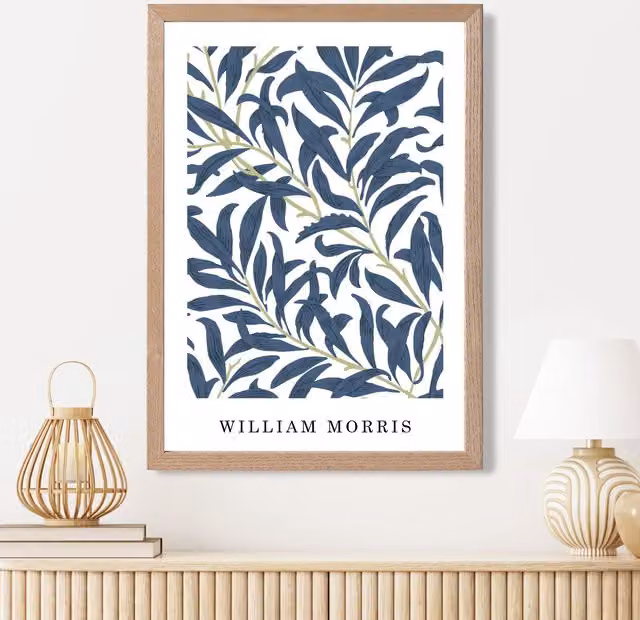 ARTZE William Morris Willow Floral Art Print in Navy and Green with Oak Frame, A2 – 1
