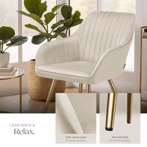 tectake Marilyn Set of 2 Dining Chairs with Velvet Fabric and Gold Metal Legs in Cream/Gold – 2