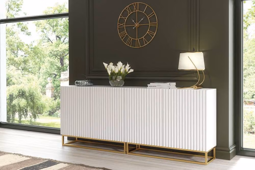 Creative Furniture Ripple Duo Sideboard in White and Gold with Modern Fluted Design and Push to Open Doors W: 200 cm, D: 35 cm, H: 80 cm – 5