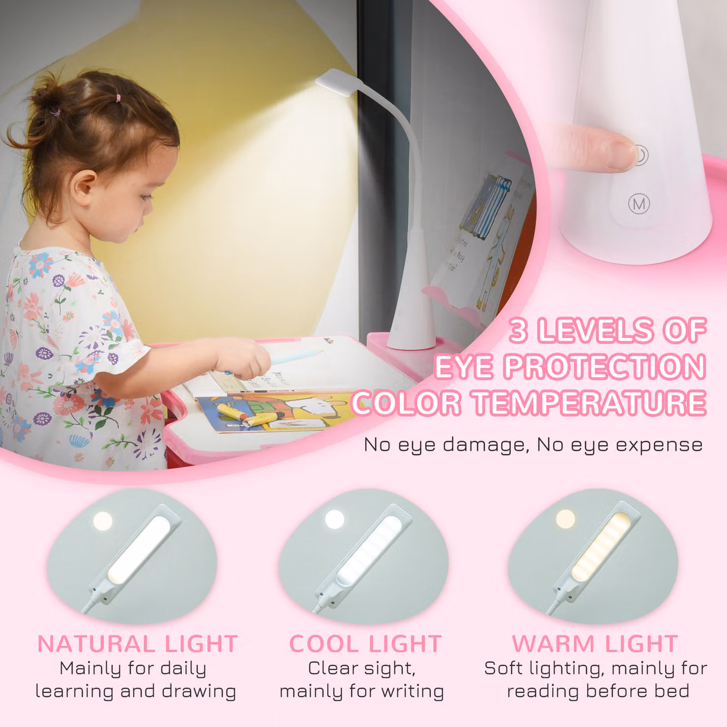 HOMCOM Kids Height Adjustable Study Desk and Chair Set with Tilting Top in Pink and White – 3