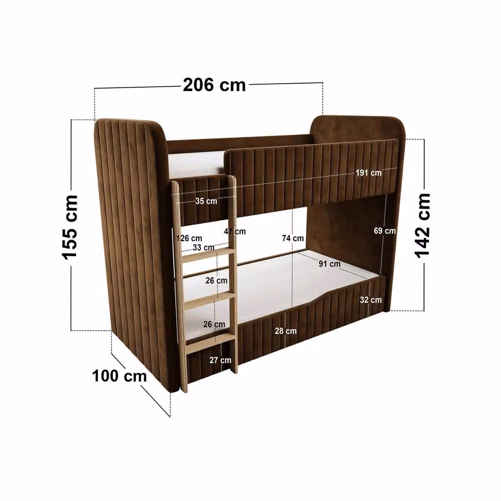 Flair Venna Single Upholstered Bunk Bed in Brown Velvet with Wooden Ladder, H 206 x W 100 x D 155 cm – 4