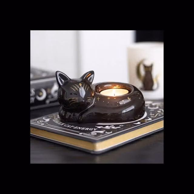KDMD Black Cat Magick Ceramic Tealight Holder Curled Familiar in Black