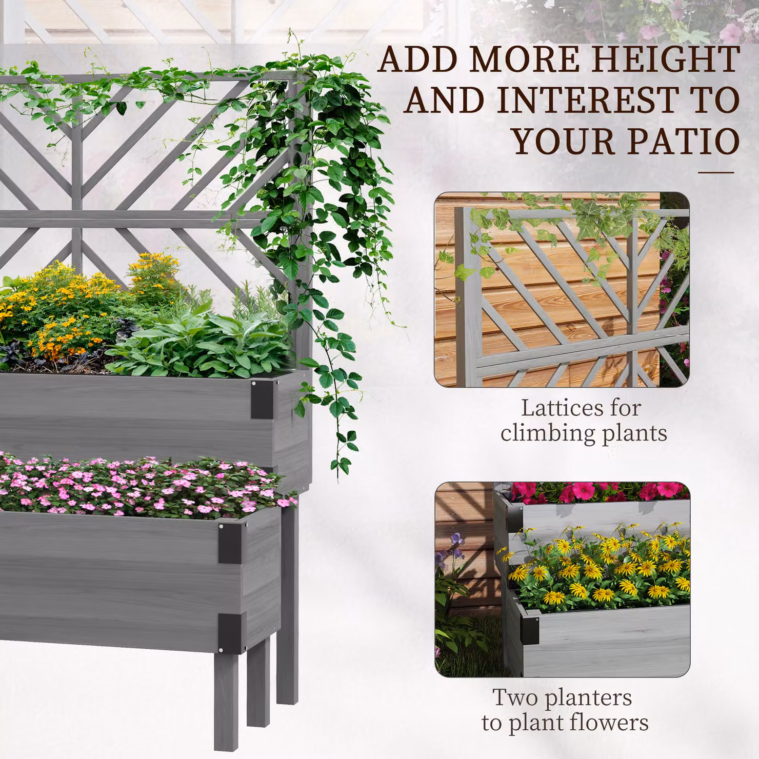 Outsunny 2-Tier Wooden Raised Garden Bed with Trellis in Grey, W/D/H: 140.0 x 62.5 x 108.0 cm – 4