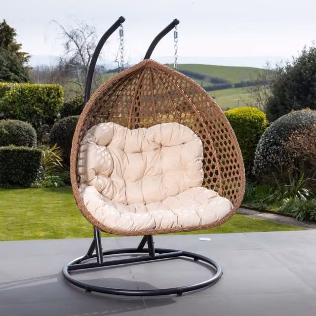 Artemis Home Modern Polyrattan Double Swing Egg Pod Chair with Weatherproof Microfibre Cushions in Beige and Yellow