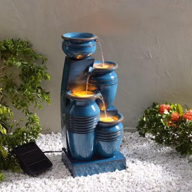 Teamson Home Solar Powered 4 Tier Cascading Ceramic Outdoor Water Feature with LED Lights in Blue, Grey, Petrol and Brown