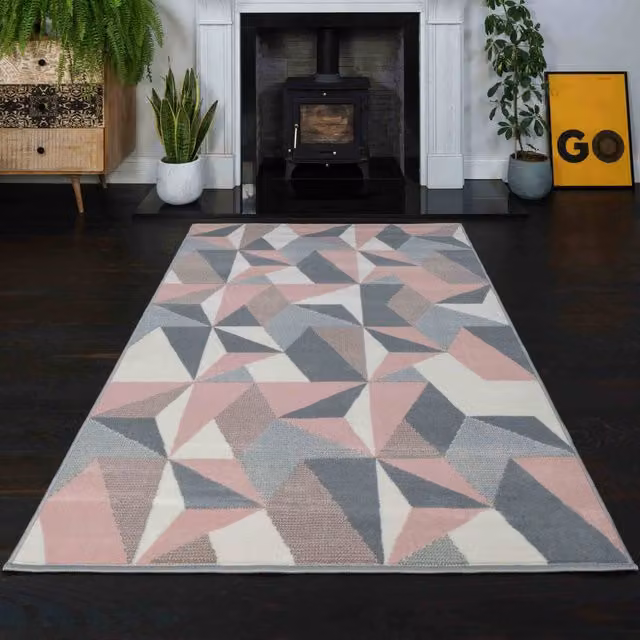 The Rug House Blush Pink and Grey Diamond Geometric Living Room Rug, W: 230 cm, D: 160 cm