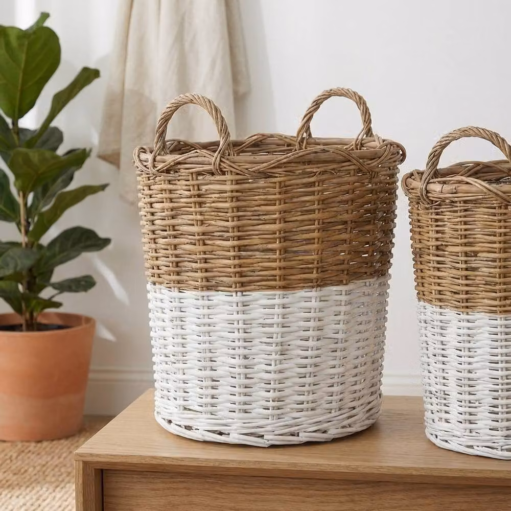 Garden Greatness Duo Natural Woven Rattan Storage Baskets in Beige and Sand – 2