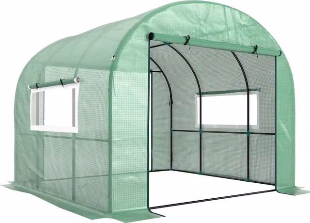 Outsunny Green Walk-In Polytunnel Greenhouse with Roller Window, W: 300 cm, D: 300 cm, H: 200 cm – 1
