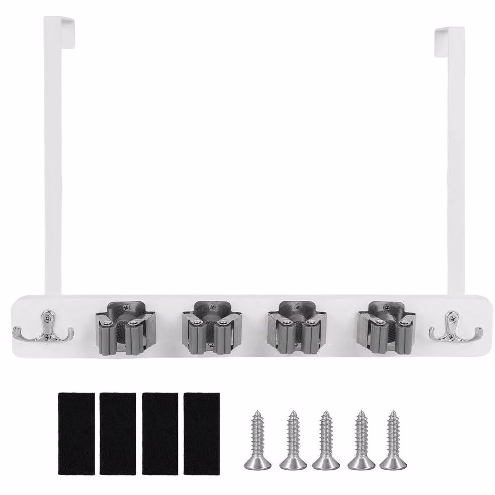 VOGREX 4 Slot Over Door Broom and Mop Holder Storage Rack in White – 2