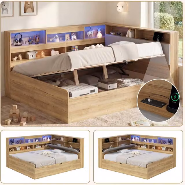 ModernLuxe Kids Wooden Daybed with Hydraulic Lift-Up Storage and LED Headboard with USB Charging Port in Natural Brown, W/D/H: 140 x 200 cm