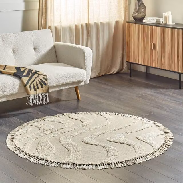 Wyld and Coco Aura Home Round Beige Cotton Hand-Tufted Rug with Fringes, Diameter: 140 cm – 1