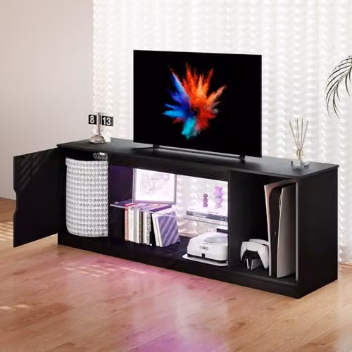 Levede Modern Black LED TV Stand with Glass Shelves and Remote Control, W: 145 cm, H: 52.5 cm, D: 40 cm – 8