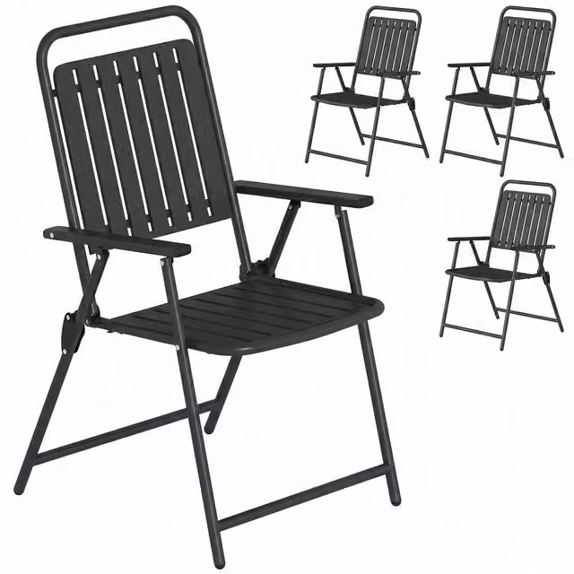Outsunny Set of 4 Black Folding Garden Dining Chairs with Armrests and Plastic Slatted Seats