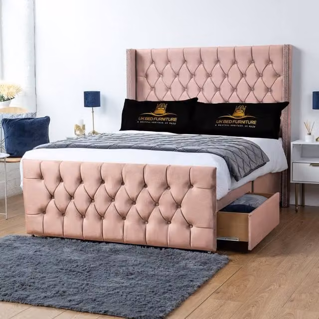 UK Bed Furniture Emily Wingback Divan Bed with 2 Foot End Drawers and 54 Inch Headboard in Pink Velvet, Size: King (W/D: 180 x 200 cm)