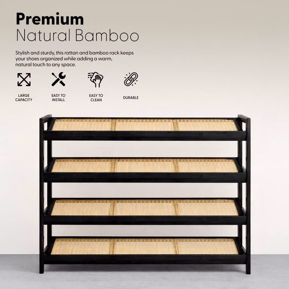 Keplin 4 Tier Bamboo and Rattan Shoe Organiser Rack in Black and Natural – 5
