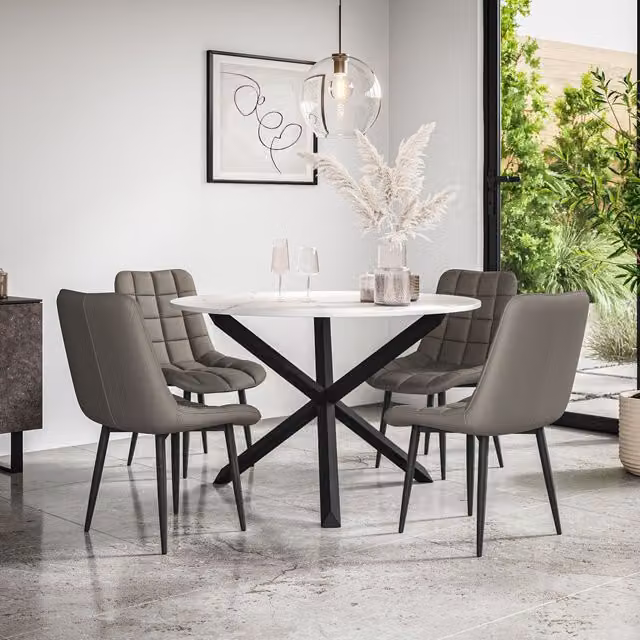 More4Homes Malvern Round Dining Table and 4 Nova Faux Leather Chairs Set, Marble Top with Black Solid Oak Legs and Grey Chairs, Diameter: 120 cm, Height: 75 cm