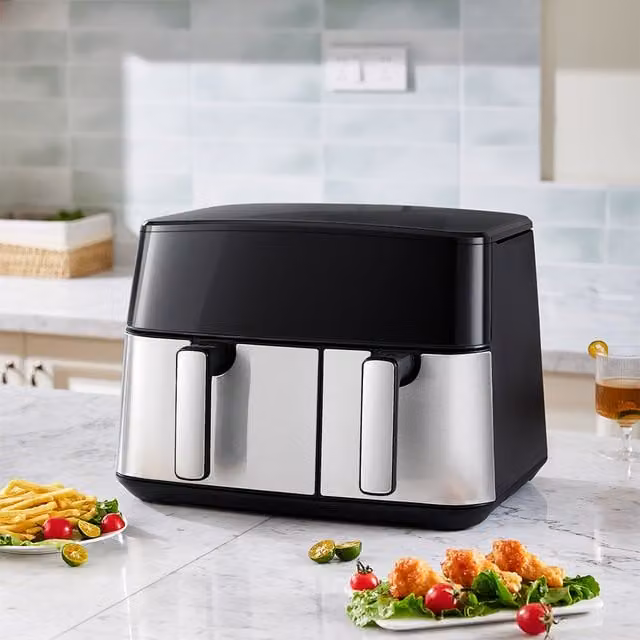 Living Star Dual Zone Digital Touch Screen Air Fryer in Black and Silver with Stainless Steel Finish