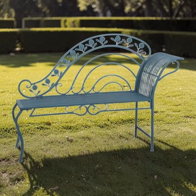 Minster Vintage Metal Garden Bench with Armrests in Blue and Gold Finish, W: 100 cm