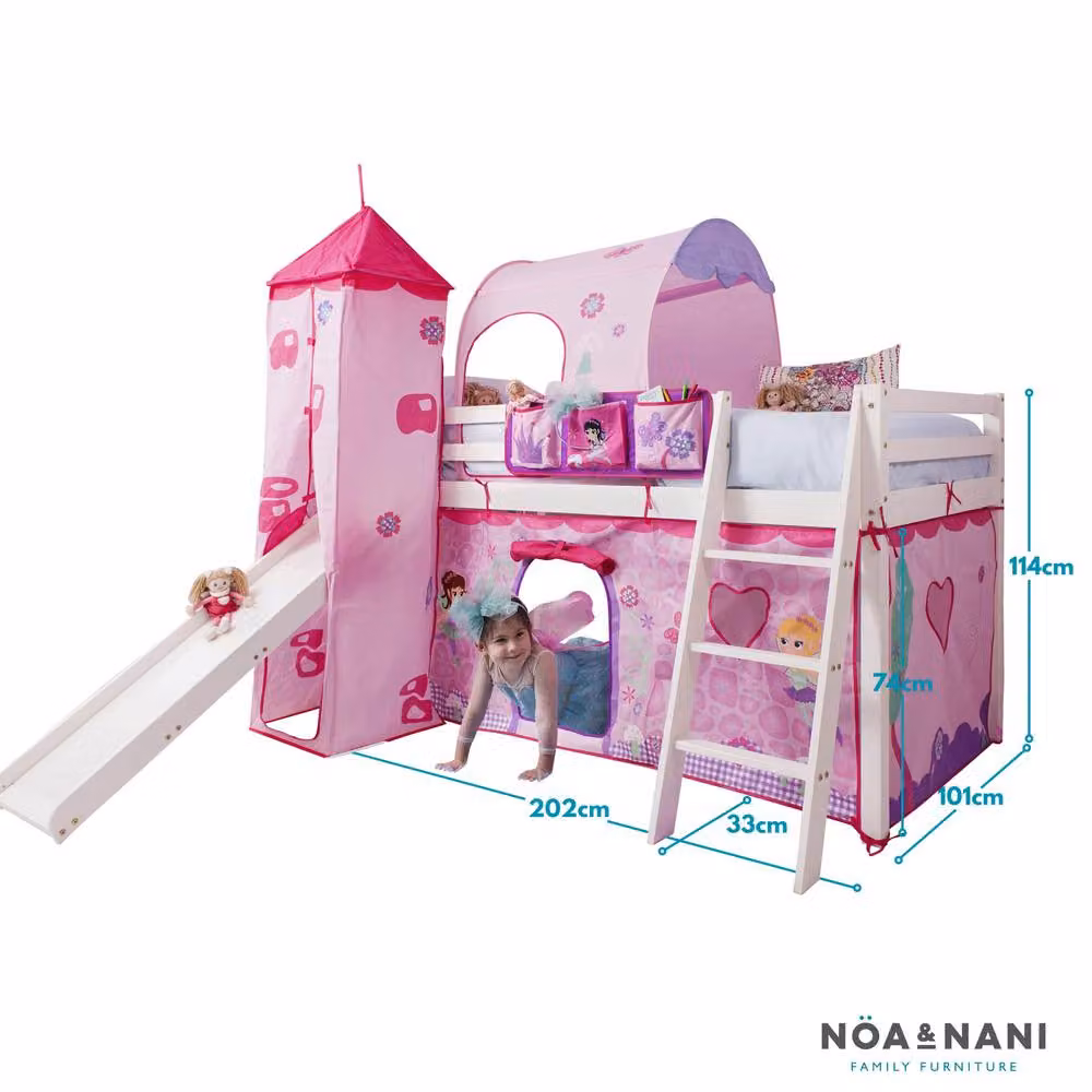 Nöa and Nani Moro Cabin Midsleeper Bed with Slide and Fairies Package in White and Pink, Solid Pine, Single Size (90 x 190 cm) – 2