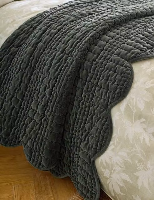 Laura Ashley Quilted Velvet and Cotton Scalloped Bedspread in Green