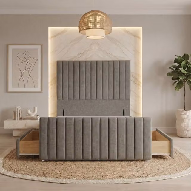 Somnior Eleanor Linen Divan Base with 4 Drawers, 54 inch Headboard and 22 inch Footboard, Silver/Grey, W/D/H: 120 x 200 cm