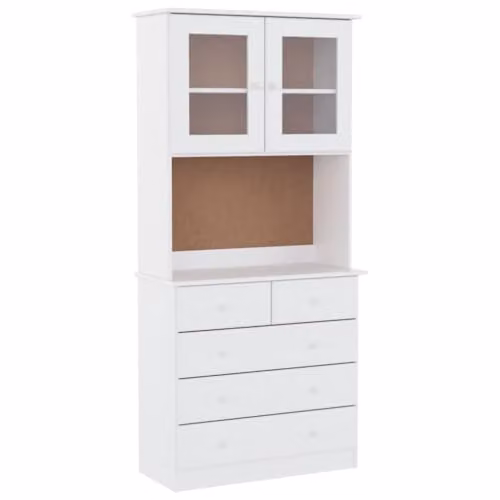 vidaXL ALTA Highboard in White Solid Pine Wood with Glass Doors and Internal Drawers, W/D/H: 77 x 35 x 165 cm