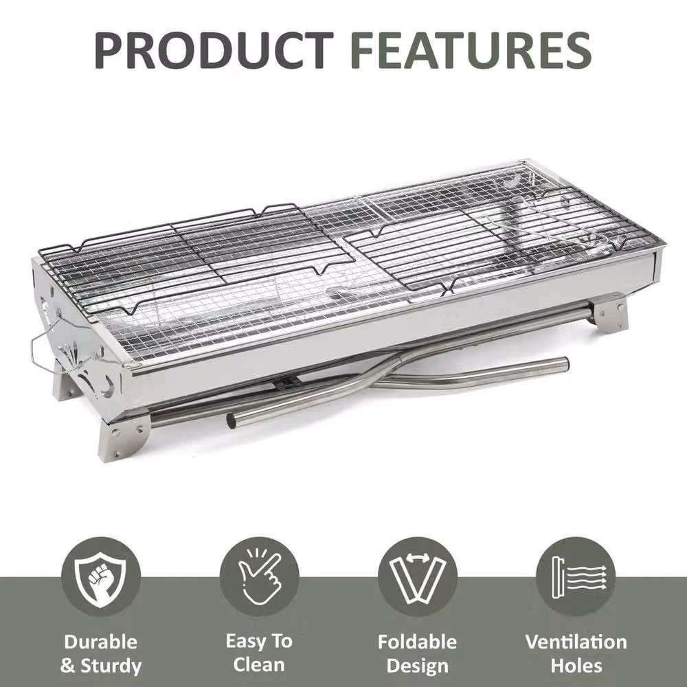 KORVIXA Folding Charcoal Barbecue Grill in Silver, W/D/H: 100 x 33 x 71 cm – 2