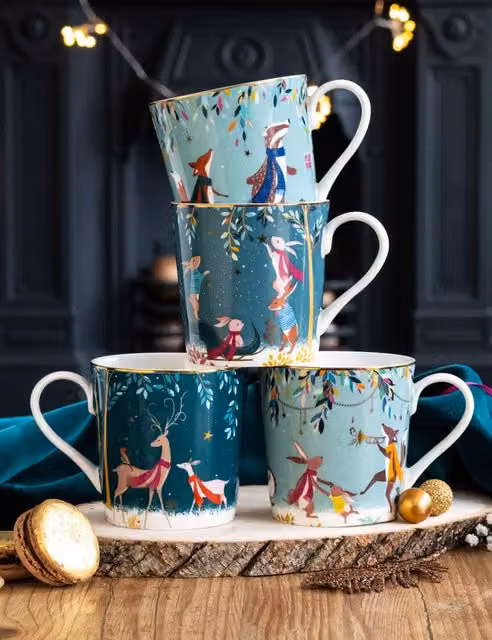 Sara Miller Set of 4 Woodland Tales Bone China and Ceramic Mugs in Gold and Multicolour