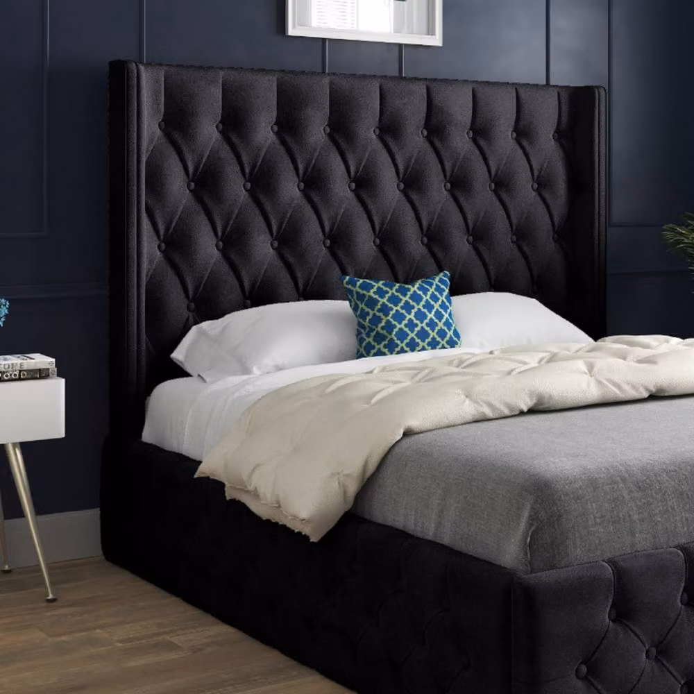 KDMD Verwood Winged Upholstered Designer Bed Frame in Black Soft Velvet, W/D/H: 140 x 200 x 137 cm – 3