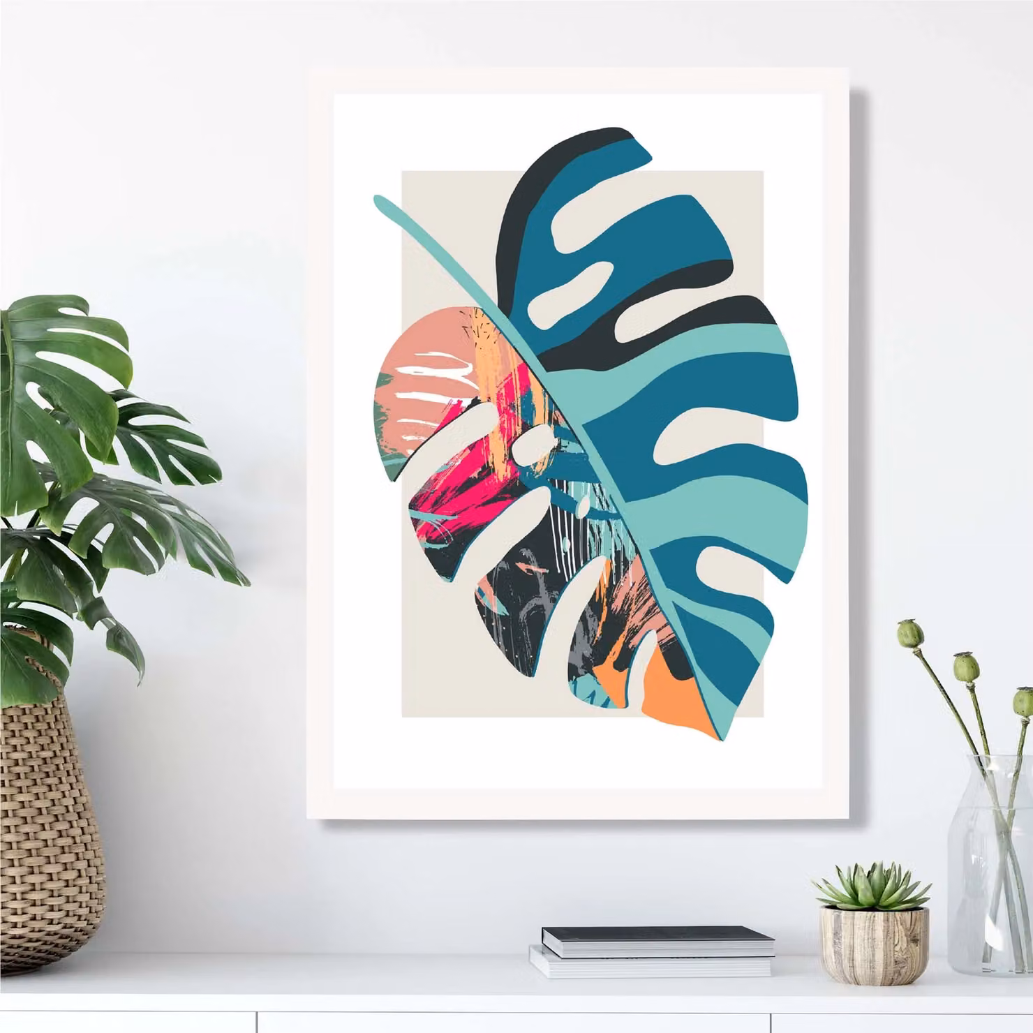 ARTZE Monstera Blue and Pink Boho Botanical Framed Print, White Frame, A2 – 2