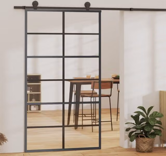 Berkfield Home Sliding Door in Black Aluminium and Transparent ESG Glass, W: 102 cm, H: 205 cm – 1