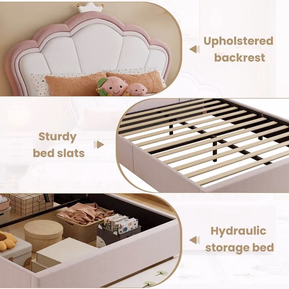 Rolipo Pink Velvet Double Hydraulic Storage Ottoman Bed Frame, 140 x 200 cm – 3
