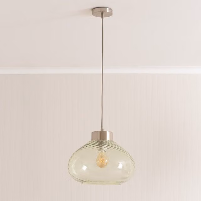 ValueLights Corinne Twill Green Glass Capped Pendant Ceiling Light with LED Bulb in Chrome and Silver