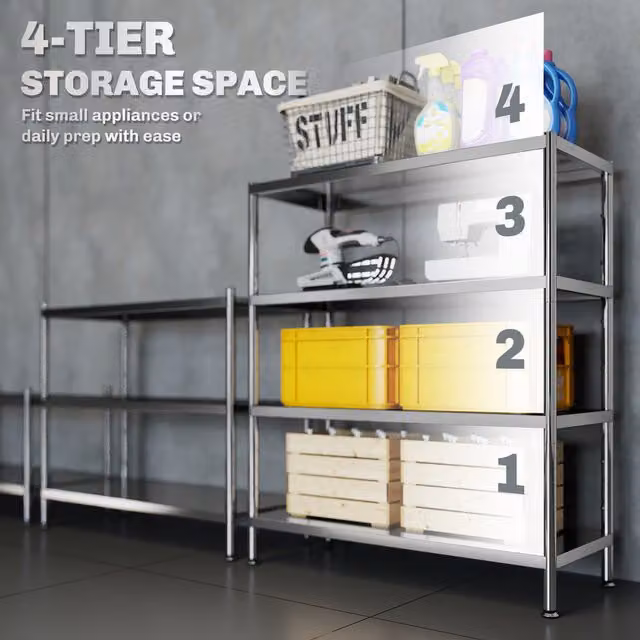 HOMCOM 4-Tier Stainless Steel Bakers Rack with Adjustable Shelves in Silver