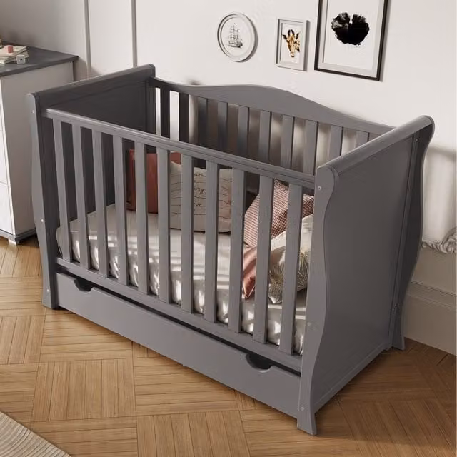 Viculii Classic Mini Cot Bed with Drop Side, Drawers and Foam Mattress in Grey, W/D/H: 120 x 60 x 60 cm