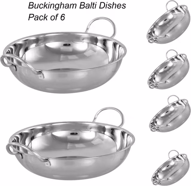 Buckingham Set of 6 Silver Stainless Steel Balti Serving Dishes, Diameter: 17 cm