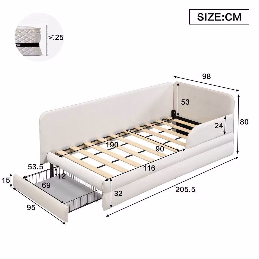 Matteo Beige Velvet Upholstered Single Bed with Storage Drawers, W/D/H: 90 x 190 cm – 2