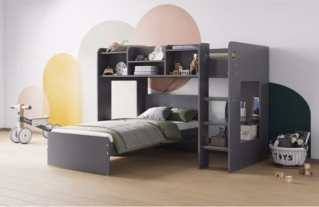 Flair Furnishings Wizard L Shaped Bunk Bed in Grey with Stairs and Side Compartments