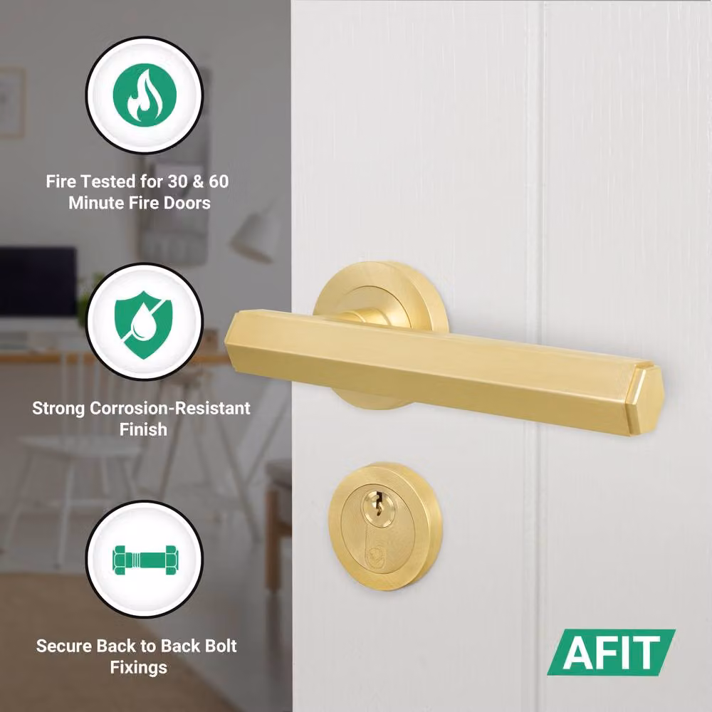 AFIT Gold Brass Fire Door Handle Set with Euro Lock Thumbturn Cylinder and Hinges, W/D/H: 15 x 15 x 15 cm – 2