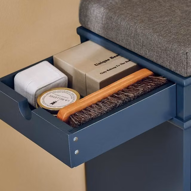 SoBuy Compact Modern Shoe Storage Bench with Blue Fabric Seat Cushion and Matt Steel Frame