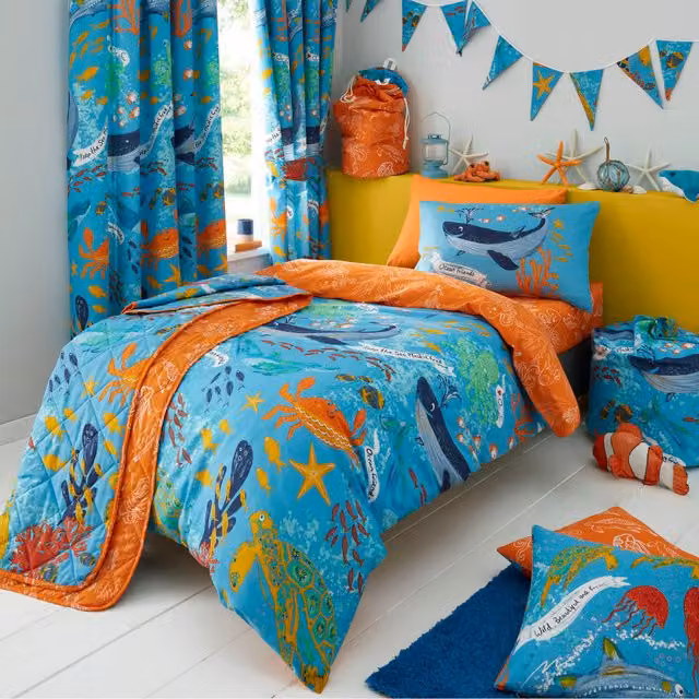 Happy Linen Company Ocean Friends Kids Reversible Nautical Duvet Cover and Pillowcase Set, Blue, Duvet Cover: 140 x 200 cm, Pillowcase: 50 x 75 cm