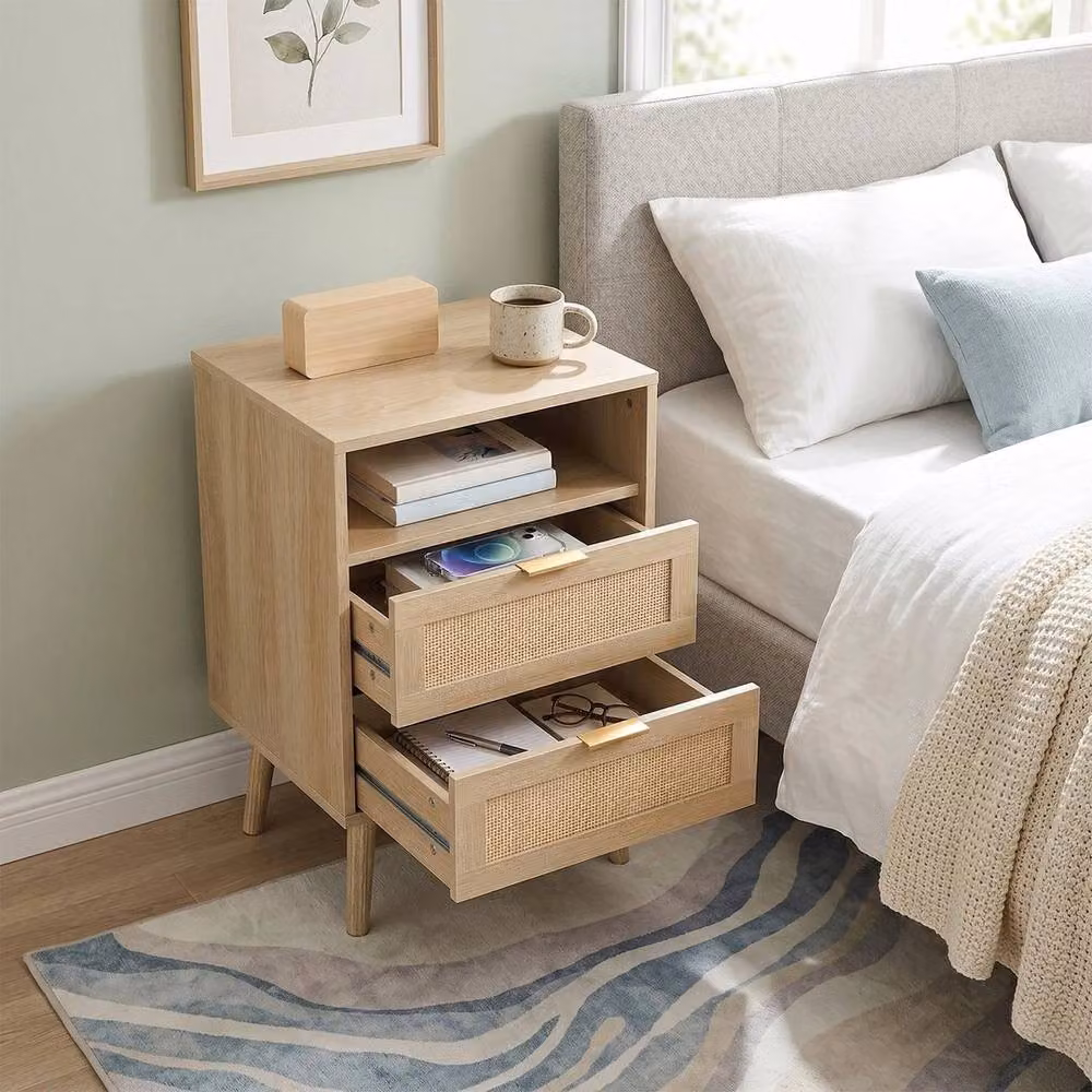 KORVIXA Boho Style Bedside Table with 2 Rattan Drawers in Natural Brown – 3